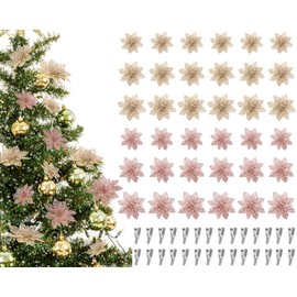 Boao 24 Pcs Christmas Glitter Poinsettia Artificial Flowers Christmas Tree Ornaments with Clips for Xmas Wreath Centerpieces Wedding Party Floral Decorations Multisize 3/4/6 Inch(Champagne,Rose Gold)