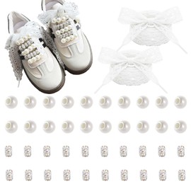 Lospfo 42 Pcs DIY Shoe Charms Set for Sneaker Shoelace Accessories with Faux Pearl Beads Bling Hollow Bead and Wide Lace Shoelaces