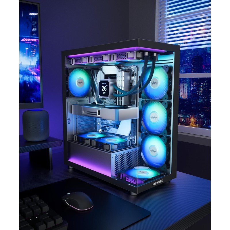 MUSETEX ATX PC Case 7 PWM ARGB Fans Pre-Installed, Type-C