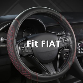 GIANT PANDA PU Leather Steering Wheel Cover, Compatible with Fiat Round Steering Wheels, Diamond Quilted Black + Red