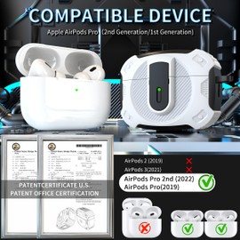 RFUNGUANGO for AirPods Pro 2nd Generation Case Cover with Cleaner Kit, Military Hard Shell Protective Armor with Lock for AirPod Gen 2 Charging Case 2023,2022, Front LED Visible,BDC-White
