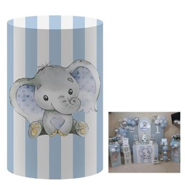 Iydamc Blue Stripes Cylinder Plinth Covers for Birthday Parties Baby Shower Wedding Decoration Cute Elephant Pedestal Stand Fabric Cover