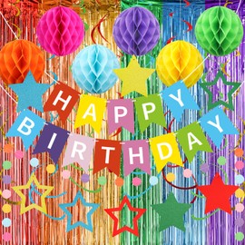 Great Birthday Decoration Set - Birthday Banner, Foil Curtains, Honeycomb Balls & Party Accessories, Multicoloured Birthday Decoration, For Boys/Girls, Children's Birthday, Easy to Assemble