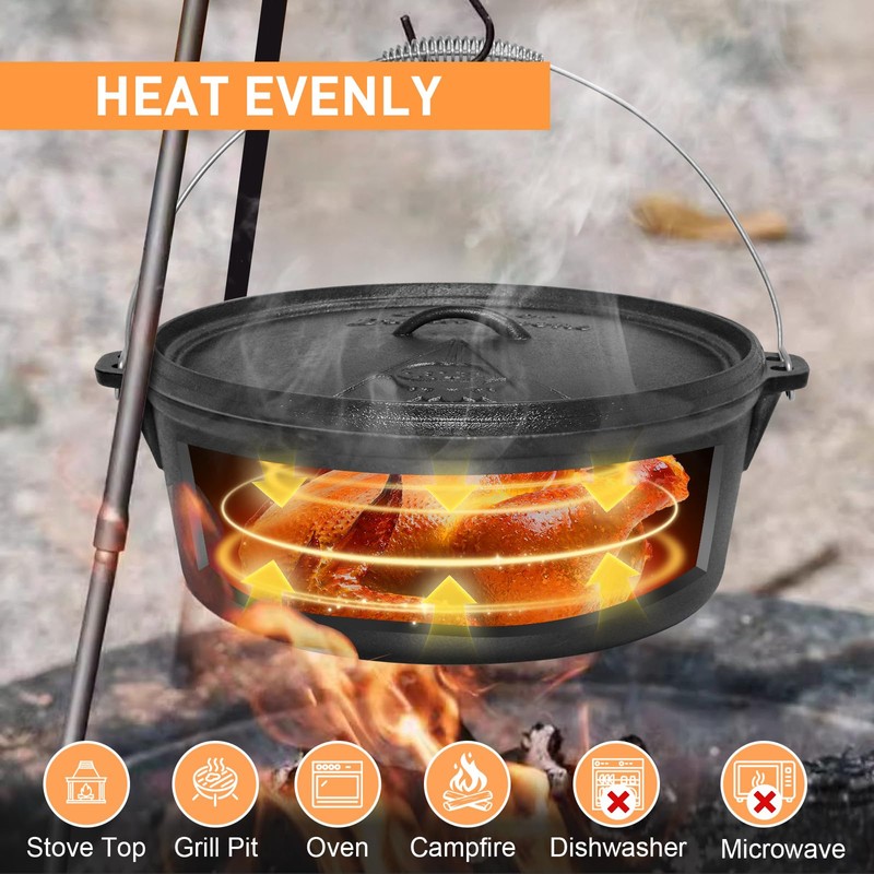 Camping Dutch Oven, 9 Qt Pre-Seasoned Camping Cookware Pot with