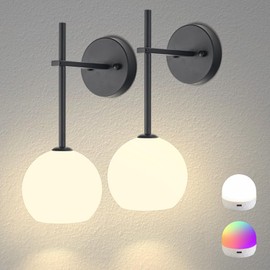 Black Battery Operated Wall Sconces Set of 2, Rechargeable Wireless Wall Lights with Milky White Frosted Glass Shade, 12 RGB and 5CCT Dimmable, Wall Lamps with Remote for Bedroom Living Room Hallway