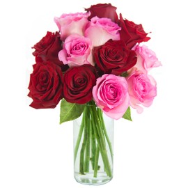 KaBloom PRIME NEXT DAY DELIVERY - Mother’s Day Collection - Romantic Red and Pink Rose Bouquet of 6 Red and 6 Pink Roses with Vase.Gift for Birthday, Thank You, Valentine, Mother’s Day Fresh Flowers