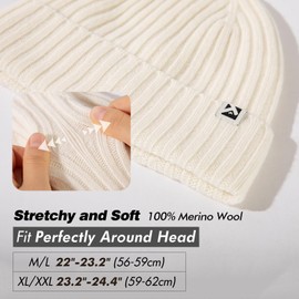 Mens Womens Beige M/L Winter Beanie 100% Merino Wool Fleece Lined Knit Cap Warm Hat for Big Head Cold Weather