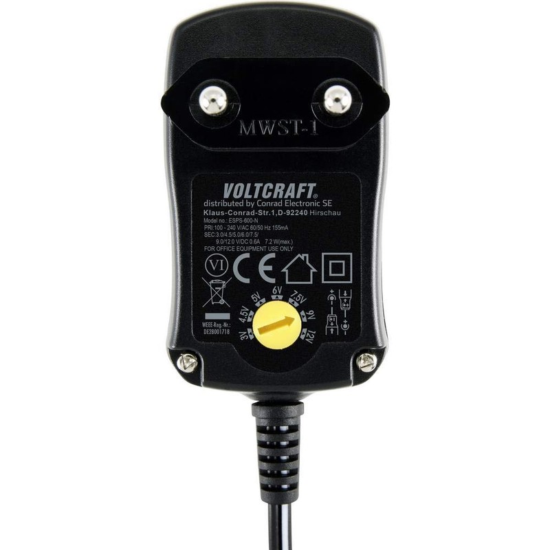 VOLTCRAFT VC-11320915 Adjustable Power Supply 3V/DC, 4.5V/DC, 5V/DC, 6V/DC, 7.5V/DC,