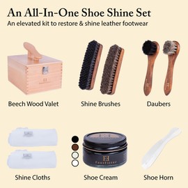 FootFitter Shoe Shine Kit with Beech Wood Valet Storage Box, Premium Shoe Cream, Polish & Cleaning Tools for Leather Footwear (Classic Creams)