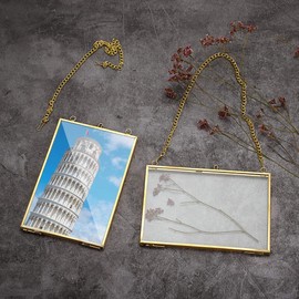 SUMTree 2 x Glass and Metal Picture Frames, Hanging Glass Photo Frame, Plant Sample Clip, for Pressed Flowers, Photos, Glass Frame Only (Gold, 10 x 15 cm, Rectangular)