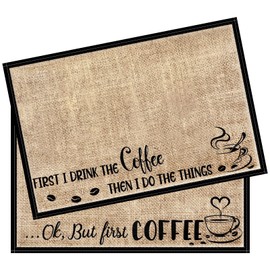 2 Pieces Coffee Bar Mat Burlap Funny Coffee Quote Coffee Decor for Coffee Station Coffee Mat Burlap Placemat Coffee Bar Accessories for Coffee Bar Decor, 12 x 18 Inches (But First Coffee)