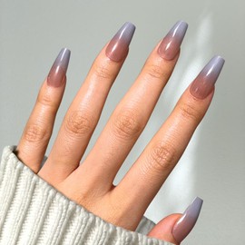 Votrenaeil Press On Nails - Moon Fade | No Glue Long Coffin Nails, Grey Ombre Glossy Fake Nails - 24 Pcs Nail Kit with Adhesive Tabs