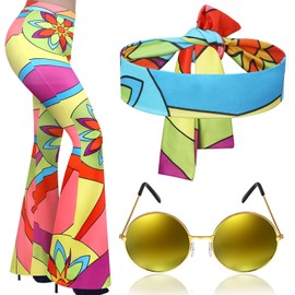 Tisancy 3 Pcs 60s 70s Outfit for Women Hippie Costume Set Disco Flared Pants Groovy Outfit Party Accessories(L Size, Bright)