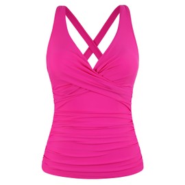 Mycoco - Tankini con aros para mujer, con cuello en V, parte superior de natación fruncida, solo para mujer, Rosa encendido, 14