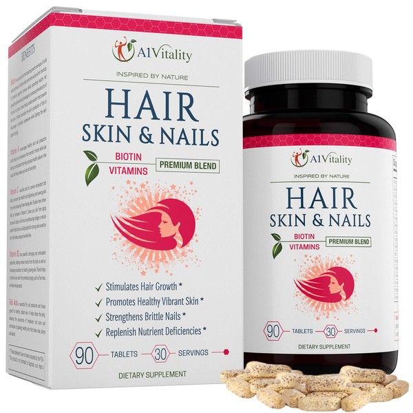 Hair, Skin, Nails Vitamins With Biotin - Hair Growth Formula For Healthy Hair, Powerful Minerals, Nutrients, Amino Acids, Vibrant Glowing Skin Care, Stronger Longer Nails, Premium Blend Extra Strength