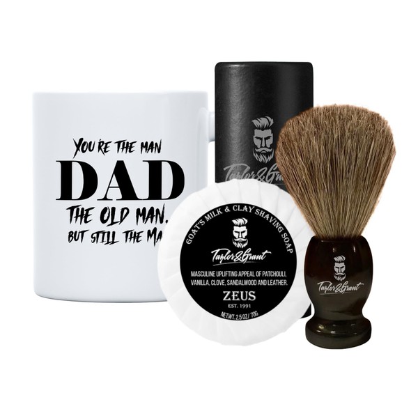 Grooming Kit for Men. Includes Badger Hair Shaving Brush, Goat Milk Shaving Soap Plus a You're The Man Dad, The Old Man But Still The Man Mug from Taylor & Grant.
