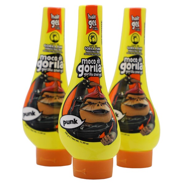 Moco de Gorila Punk, Hair Styling Gel, Reactivate with water, Long-lasting Hold, 3-Pack of 11.99 Oz Each, 3 Squeezable Bottles.