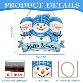 Pigort Hello Winter Welcome Door Sign Winter Welcome Door Snowman Wooden Sign Door Hanger for Christmas Outdoor Farmhouse Porch Front Door Decor 12x12inch (Blue)