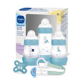 MAM Easy Start Anti-Colic Welcome Set, Baby First Equipment with 3 Anti-Colic Bottles, Dummy and Dummy Strap, Baby Gift Set, from Birth, Blue