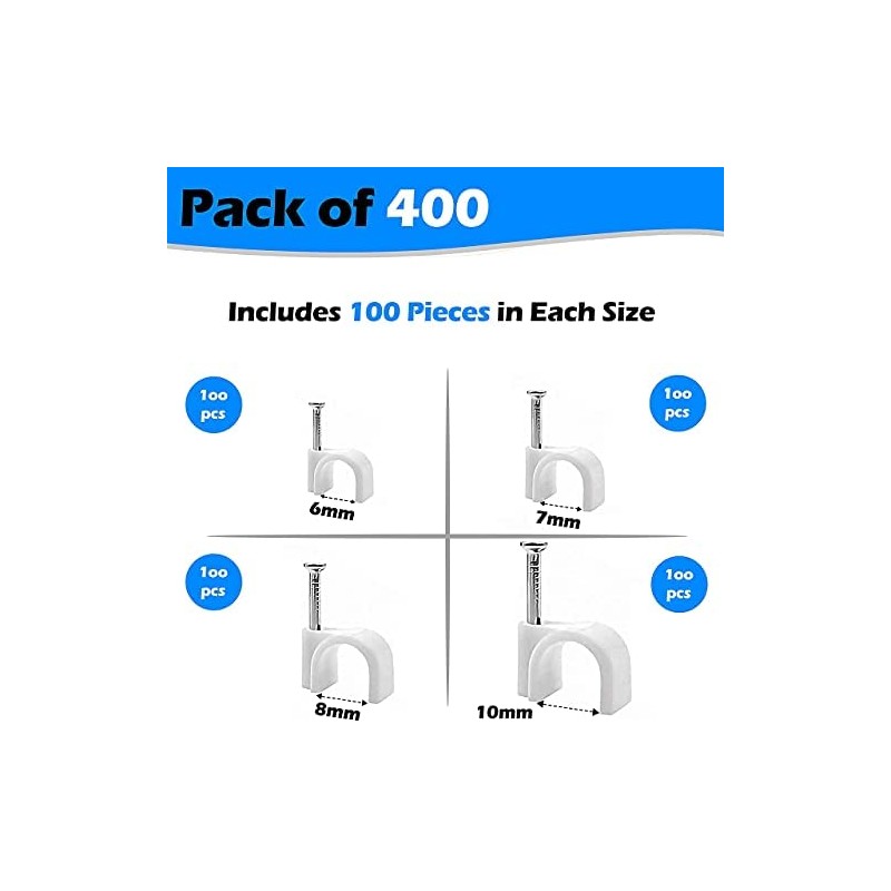 (400 Pieces) White Cable Clips - Wire Management - 6mm,