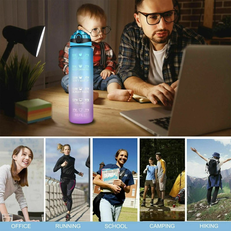 Water Bottle 1L Motivational Drink Flask With Time Markings BPA
