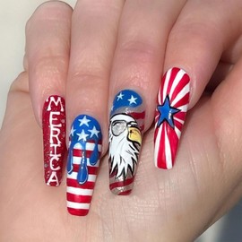4th of July Press on Nails Long Coffin Fake Nails American Flag Stars Design Red Full Cover Artificial Independence Day False Nails Press ons for Women Girls 24 Pcs