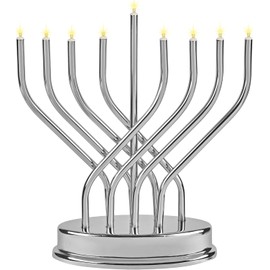 The Dreidel Company Hanukkah Silver Menorah Low Voltage Battery Powered Contemporary Metal Designed Menorah, LED Bulbs Electric, 10.6 Inches Tall