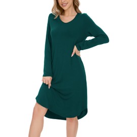 GYS Womens Bamboo Viscose Long Sleeve Nightgown Soft Comfy V Neck Long Night Shirts Sleepwear, Green, Large