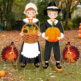 Geetery 4 Pieces Fall Yard Decorations Outdoor Thanksgiving Pilgrim Yard Decorations with Stakes Thanksgiving Pilgrim Boy and Girl Yard Sign Pumpkin Turkey Harvest Yard Stake for Autumn Lawn Supplies