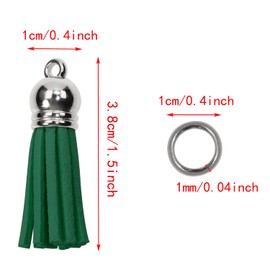 Mini Skater Suede Faux Leather Tassels for Jewelry Making 50Pcs Silver Cap Leather Trim Fringe Tassel Bulk with 50Pcs Jump Rings Sewing Accessories (Dark Green)