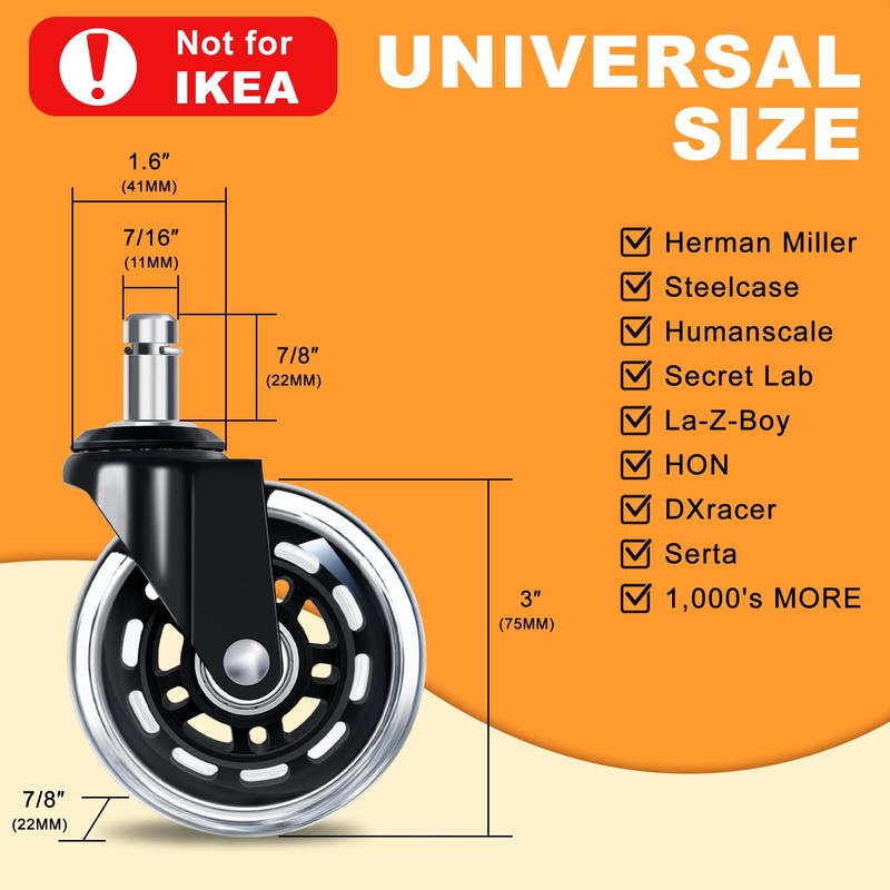 FreekyFit Office Chair Wheels for Casters Replacement - 3" Rubber