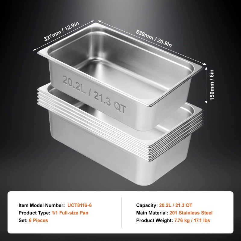 6 Pack 0.8mm Thick Stainless Steel Commercial Steam Table Pan