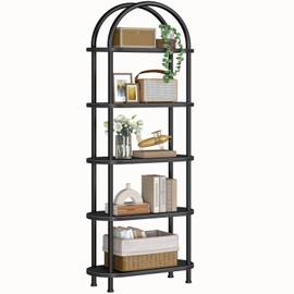 HOOBRO 5 Tier Open Bookshelf, Industrial Arched Bookcase Display Shelf Rack, Wooden Bookcase Storage Shelf Metal Frame, Tall Storage Organizer for Home, Easy Assembly, Black BB176SJ01