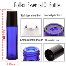 ZIZEMOJA 6Pcs 10ml Essential Oil Roller Bottles, with Stainless Steel Roller Balls, 10ml Blue Glass Roll on Bottles for Essential Oils, 1 Extra Roller Ball, 6 Labels, 1 Openers, 2 Droppers Included