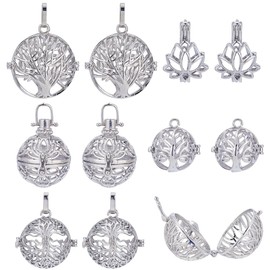 SUNNYCLUE 10Pcs Cage Charms Large Locket Cage Pendants Crystal Cage Necklaces Holder Silver Tree of Life Lotus Flowers Openable Charm Chakra Stone Bead Necklace Holders for jewellery Making Charms