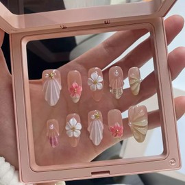 Luxury Press on Nails Medium Almond Handmade 3D Unique Reusable ABS Material Fake Nails French Tip False Nails with Designs Floral Pearls Summer Glossy Glue on Nail Thick Acrylic Nail(S)