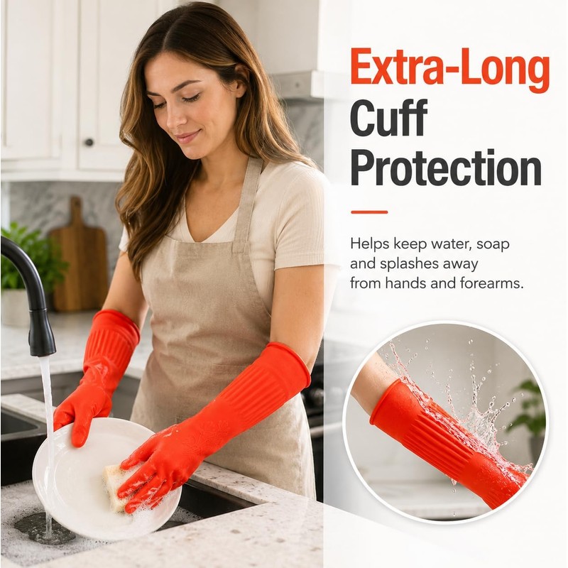 ThxToms Rubber Dishwashing Cleaning Gloves (2-Pair) - Fleece Lined, Reusable,