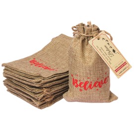 ONTODEX Christmas Burlap Gift Bags with Drawstring, Polar Express Gift Tags, 4x6 Inch Holiday Gift Bags for Xmas Treat, Cookie, Candy, Gift Wrap, Goodie, Party Favor - 12Pcs