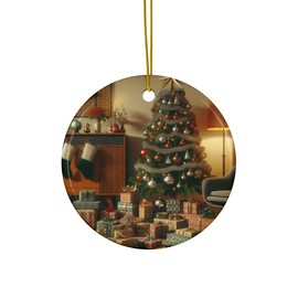 DistinctInk Hanging Ceramic Christmas Tree Ornament with Gold String - Great Gift/Present - 2 3/4 inch Diameter - Vintage Christmas Coziness