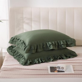 Bedbay Olive Green Pillow Cases Queen Size Set of 2,Ruffle Pillow Shams,Shabby Chic Pillow Cases Standard Size,Vintage Ruffled Decorative Pillow Covers,Soft Microfiber Boho Bed Pillowcases 2 Pack