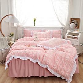 Dokiwaki Pink Princess Duvet Cover Queen Seersucker Microfiber Vibrant Ruffle Comforter Cover and Pillow Cases Spring Bedding 3pcs Set for Qulit Blanket Girls Kids Bedroom Lightweight