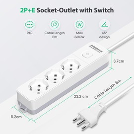 Aigostar Steckdosenleiste, 3-fach, mit Schalter, 250 V/3680 W, 5 m Kabel. Weiß und Grau