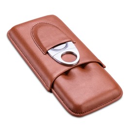 CIGARLOONG Cigar Case Brown Cigar Leather Humidor for 3 Cigars with Cigar Cutter