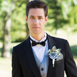 Homaisson 10 PCS Boutonniere for Men Wedding, Blue Rose Design with Green Leaf and Golden Accents, Groomsmen Boutonniere with Pin and Clip