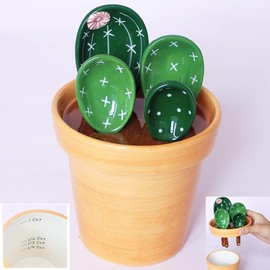 Cactus Measuring Spoons Set in Pot Ceramic Cute Measuring Cups and Spoons Unique Baking Gifts for Dry Wet Ingredients Dishwasher Safe 1 Tbsp 1 TSP 1/2 TSP 1/4 TSP 1 Cup Green