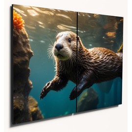 The Plum Penguin Tropical Sea Otter & Coral Reef Wooden Wall Art, A4 Double Set, Colourful Ocean Life Home Decor Canvas Alternative 40 x 30cm