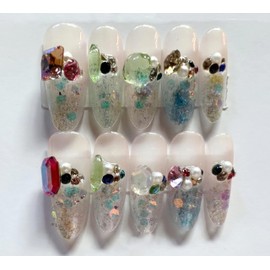 M·Q NAIL,Press on nails,Colourful elliptic long nails,Hand drawn,Includes 48 jelly glue and 2 cuticle sticks and 2 rubbing strips (Colourful elliptic, S)