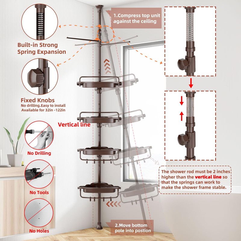 32-122inch Corner Shower Caddy Tension Pole Brown, Rustproof Drill-Free Shower
