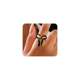 14K Gold Enamel Ribbon Bow Ring for Women Trendy Red Dripping Oil Bowknot Knuckle Statement Ring Classic Unique Bow Finger Ring Valentine's Day Gift (Black)