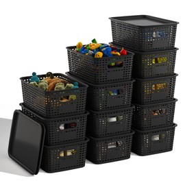 Black Plastic Storage Baskets with Lids 12 Pack Stackable Storage Bins Containers for Shelves Organizing, Cute Decorative Storage Boxes for Classroom, Playroom, Closet, Pantry